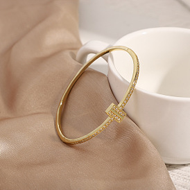 Geometric T-shaped Bangle Bracelet for Women with Card Buckle, 18K Gold Plated and Micro Inlaid Zircon Stones
