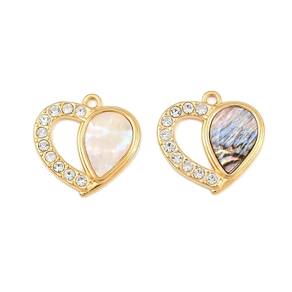 304 Stainless Steel & Natural Shell Pendants, Heart Charms, with Rhinestone, Real 18K Gold Plated, Ion Plating(IP), Long-Lasting Plated