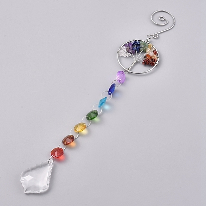 Crystals Chandelier Suncatchers Prisms, Octogon Chakra Hanging Pendants, with Gemstone Chips, for Home, Garden Decoration, Flat Round with Tree of Life