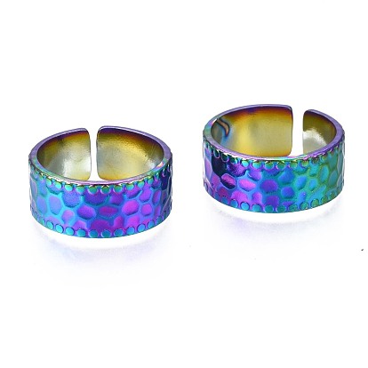304 Stainless Steel Hammered Cuff Ring, Rainbow Color Open Ring for Women