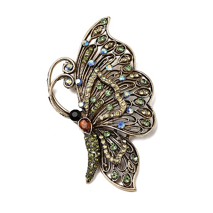 Retro Alloy & Glass Rhinestone Lapel Pin Brooches, Butterfly, Antique Golden