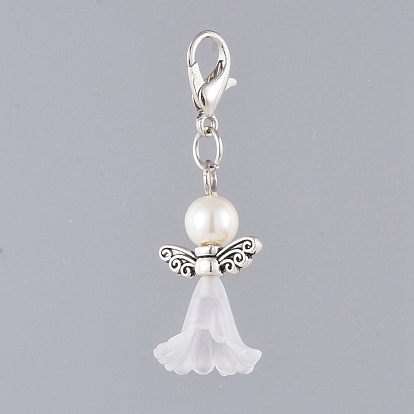 Acrylic Pendants, with Dyed Glass Pearl Beads, Zinc Alloy Lobster Claw Clasps and Alloy Beads, Angel