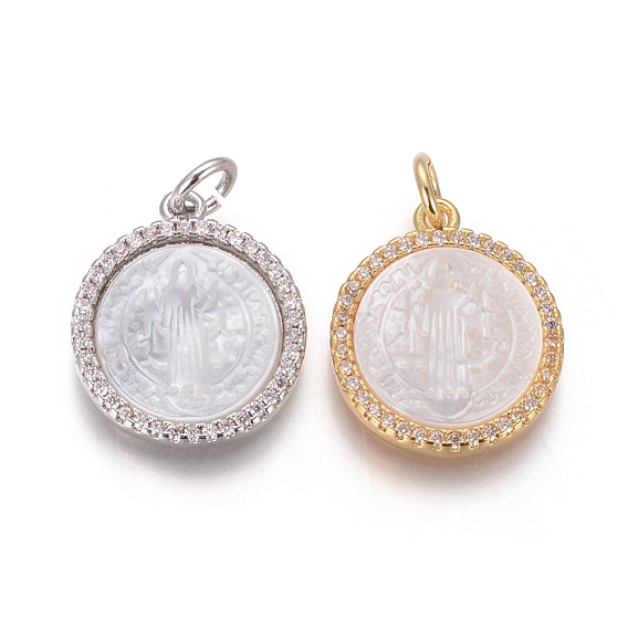 Brass Pendants, with Micro Pave Cubic Zirconia, Shell and Jump Rings, Flat Round with Saint Benedict
