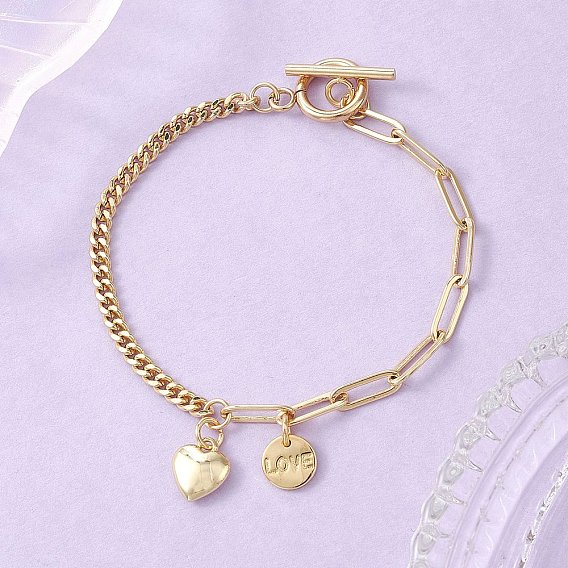 Браслеты из латуни с плоскими круглыми подвесками в виде слов «любовь» и сердечек., браслеты из латунных скрепок и цепочек