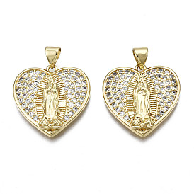 Brass Micro Pave Clear Cubic Zirconia Pendants, Lady of Guadalupe Charms, Nickel Free, Heart with Virgin Mary