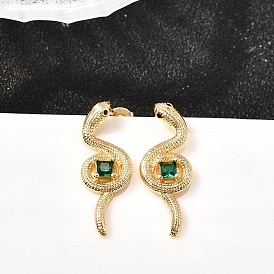 Серьги-гвоздики из латуни с микропаве из кубического циркония в форме змеи, без кадмия и без свинца