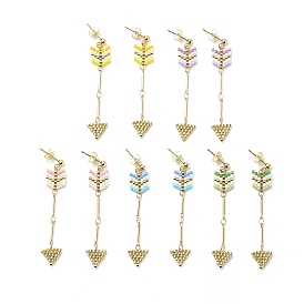 Glass Seed Braided Arrow Dangle Stud Earrings, Golden Brass Wire Wrap Long Drop Earrings for Women