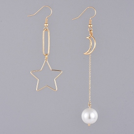 Star & Moon Brass Dangle Earrings, Asymmetrical Earrings, with Glass Pearl Round Beads, Cable Chains and Earring Hooks, with Cardboard Packing Box