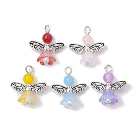 Natural Dyed Malaysia Jade & Hlass Pendants, Flower Angel Charms with Antique Silver Plated Alloy Wings