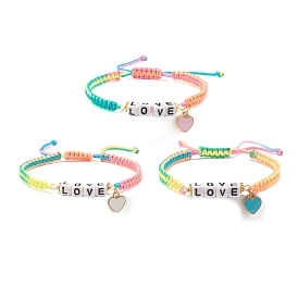 Word Love Braided Bead Bracelet with Alloy Enamel Heart Charm, Adjustable Woven Bracelet for Women
