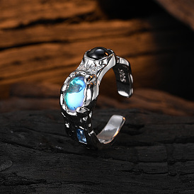 Unique S925 Silver Moonstone Lava Ring with Texture and Personality for Women's Index Finger