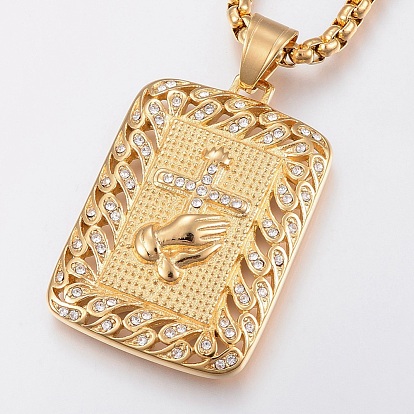 304 Stainless Steel Pendant Necklaces, with Rhinestone, Rectangle with Hand & Cross
