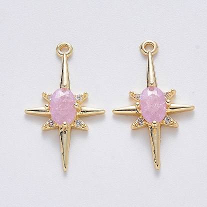 Brass Glass Charms, with Micro Pave Cubic Zirconia, Nickel Free, Star, Real 18K Gold Plated