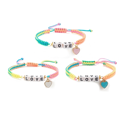 Word Love Braided Bead Bracelet with Alloy Enamel Heart Charm, Adjustable Woven Bracelet for Women