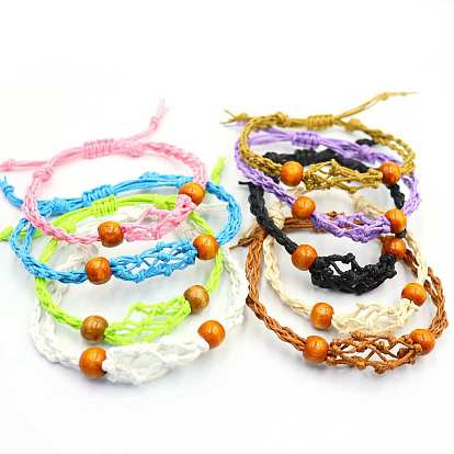 Adjustable Braided Cotton Cord Macrame Pouch Bracelet Making, Interchangeable Stone, with Wood Beads
