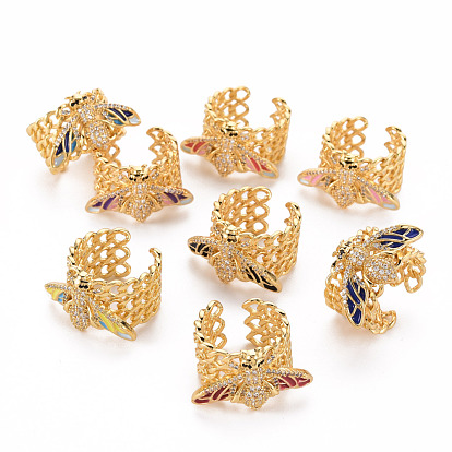 Brass Micro Pave Cubic Zirconia Wide Band Rings, Open Rings, with Enamel, Cadmium Free & Nickel Free & Lead Free, Bees, Golden