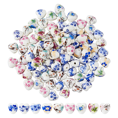 45шт 9цвета ручная работа печатные фарфоровые бусины, сердце с цветочным узором