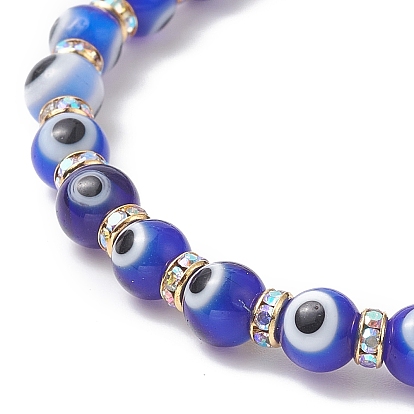 Handmade Evil Eye Lampwork Round & Rhinestone Beaded Strech Bracelet for Women