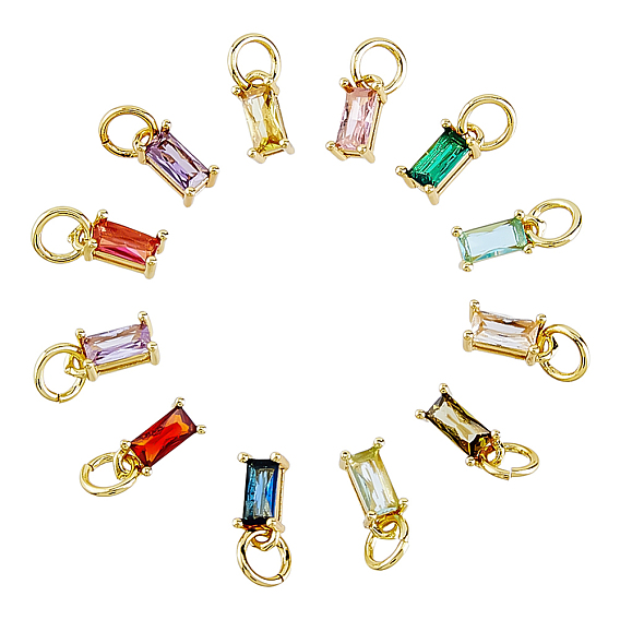 12 pièces 12 pendentifs en laiton et zircon cubique de couleur anniversaire, charme rectangle, or