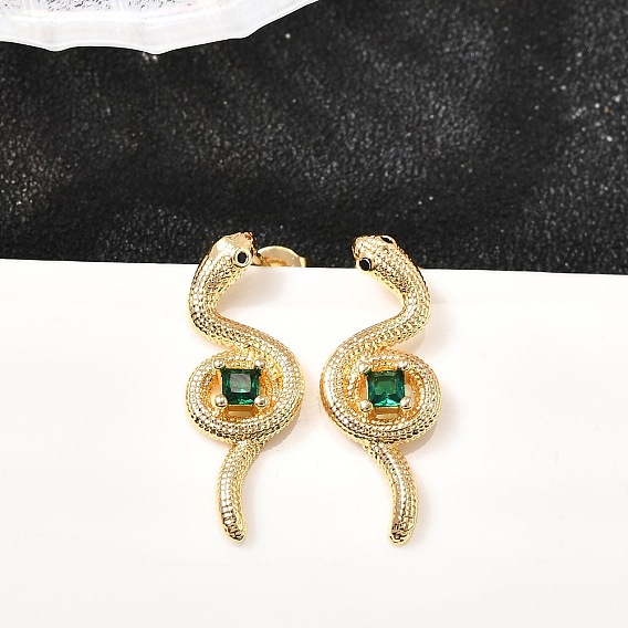 Серьги-гвоздики из латуни с микропаве из кубического циркония в форме змеи, без кадмия и без свинца