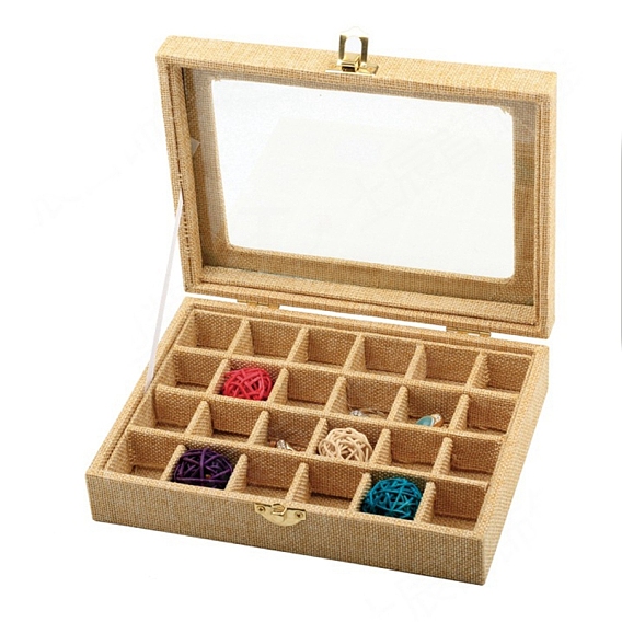 Cloth Jewelry Storage Box with 24 Compartments, Visible Window Jewelry Organizer Display Case for Earrings Rings Necklaces, Rectangle