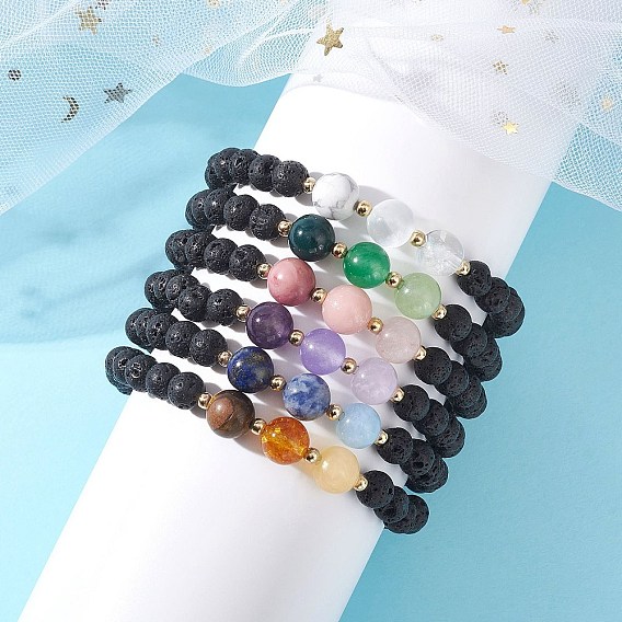 Эластичные браслеты из натуральных и синтетических смешанных драгоценных камней для женщин, круглые, с 304 из нержавеющей стали бусы, золотые