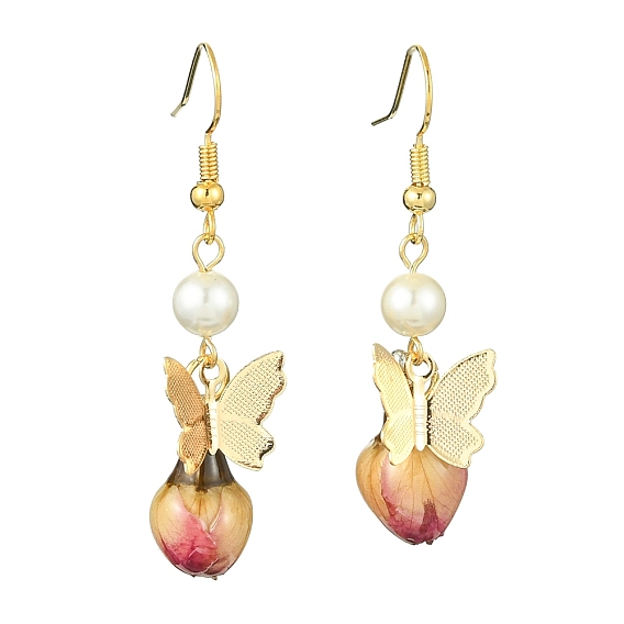 Brass Butterfly Dangle Earrings, Shell Pearl & Dried Real Rose Flower Long Drop Earrings