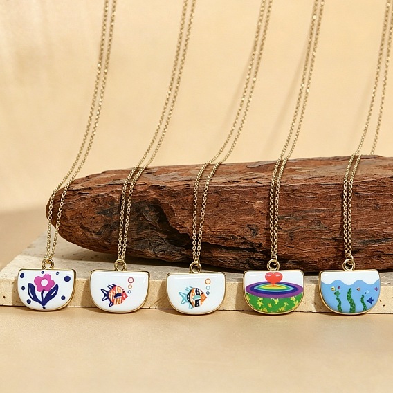 Collares colgantes de abanico de latón esmaltado con motivos oceánicos para mujer, dorado
