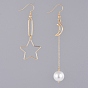 Star & Moon Brass Dangle Earrings, Asymmetrical Earrings, with Glass Pearl Round Beads, Cable Chains and Earring Hooks, with Cardboard Packing Box