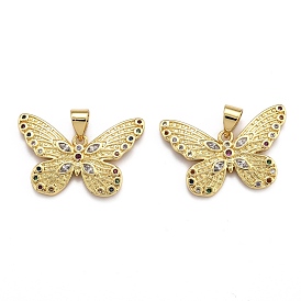Brass Micro Pave Clear Cubic Zirconia Pendants, Long-Lasting Plated, Butterfly
