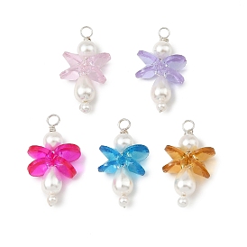 Round Shell Pearl Beaded Pendants, Angel Charms with Glass Wings, Platinum