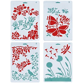Gorgecraft 4Pcs 4 Style Plastic Drawing Painting Stencils Templates, Rectangle, Flower & Butterfly & Dandelion Pattern