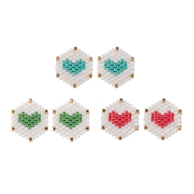 3 paires 3 hexagone tressé de graines de verre de couleur avec des boucles d'oreilles en forme de cœur, bijoux en fil de laiton doré pour femmes