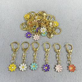 24Pcs 6 Colors Alloy Enamel Pendant Decorations, Flower, with Alloy Keychain Clasps, Golden