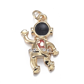 Brass Micro Clear Cubic Zirconia Pendants, with Enamel, Long-Lasting Plated, Astronaut Shape, Black & Red