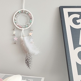 Cotton Woven Net/Web with Feather Hanging Decorations, Glass Braided Beads Hanging Ornaments for Home Office Decoration