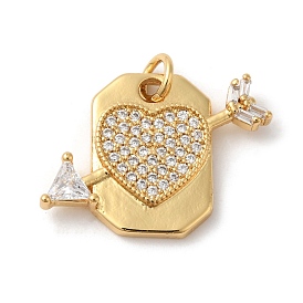 Rack Plating Brass Micro Pave Cubic Zirconia Pendants, Jump Ring, Lead Free & Cadmium Free, Hexagon with Heart
