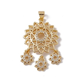 Brass Micro Pave Clear Cubic Zirconia Pendants, Cadmium Free & Nickel Free & Lead Free, Rack Plating, Flower, Real 18K Gold Plated