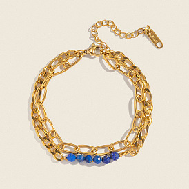 304 двухслойные браслеты из нержавеющей стали со скрепками и цепочками Фигаро, украшения из натуральных драгоценных камней для женщин