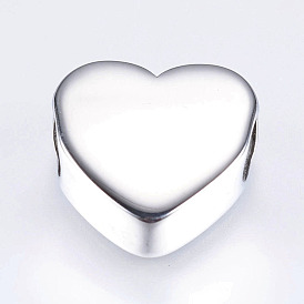 304 Stainless Steel European Beads, Hand Polished Large Hole Beads, Heart
