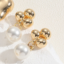 Brass Dangle Stud Earrings, Imitation Pearl Drop Earrings