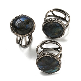 Natural Labradorite Adjustable Rings, with Antique Silver Brass Findings, Jewely for Unisex, Round