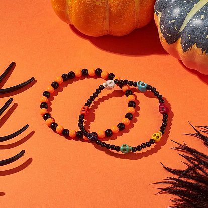Halloween Theme Skull Synthetic Turquoise(Dyed) Stretch Bracelets Sets, Acrylic Beaded Bracelets for Women