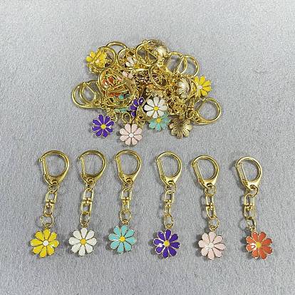 24Pcs 6 Colors Alloy Enamel Pendant Decorations, Flower, with Alloy Keychain Clasps, Golden