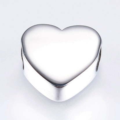 304 Stainless Steel European Beads, Hand Polished Large Hole Beads, Heart