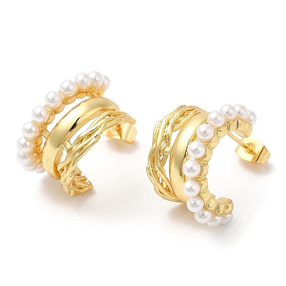 Brass Arch Stud Earrings with Plastic Pearl Beaded, Lead Free & Cadmium Free