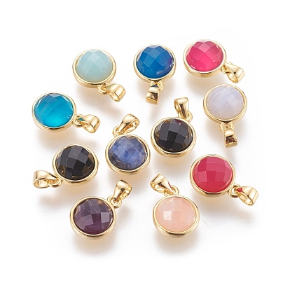 Natural Gemstone Charms, with Golden Tone Brass Findings, Faceted, Flat Round