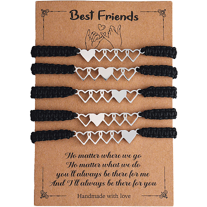 5 piezas 5 juego de pulseras de eslabones de corazón de acero inoxidable, pulseras ajustables de cordón de nailon para la familia de los mejores amigos