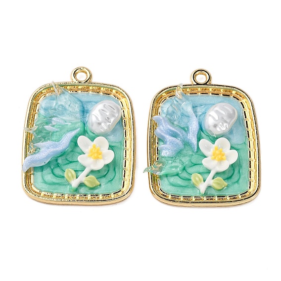 Подвески из эмалевого сплава легкого золота, с ABS имитации жемчуга, прямоугольник с подвесками в виде цветков из смолы, стойки покрытие