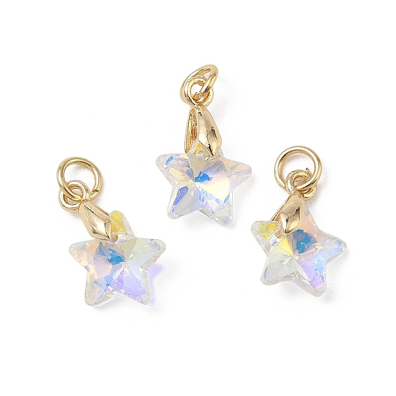 Цвет AB покрытием стеклянные подвески, звезда очарование, 304 из нержавеющей стали открыты кольца прыжок, реальный 18 k позолоченный, граненые